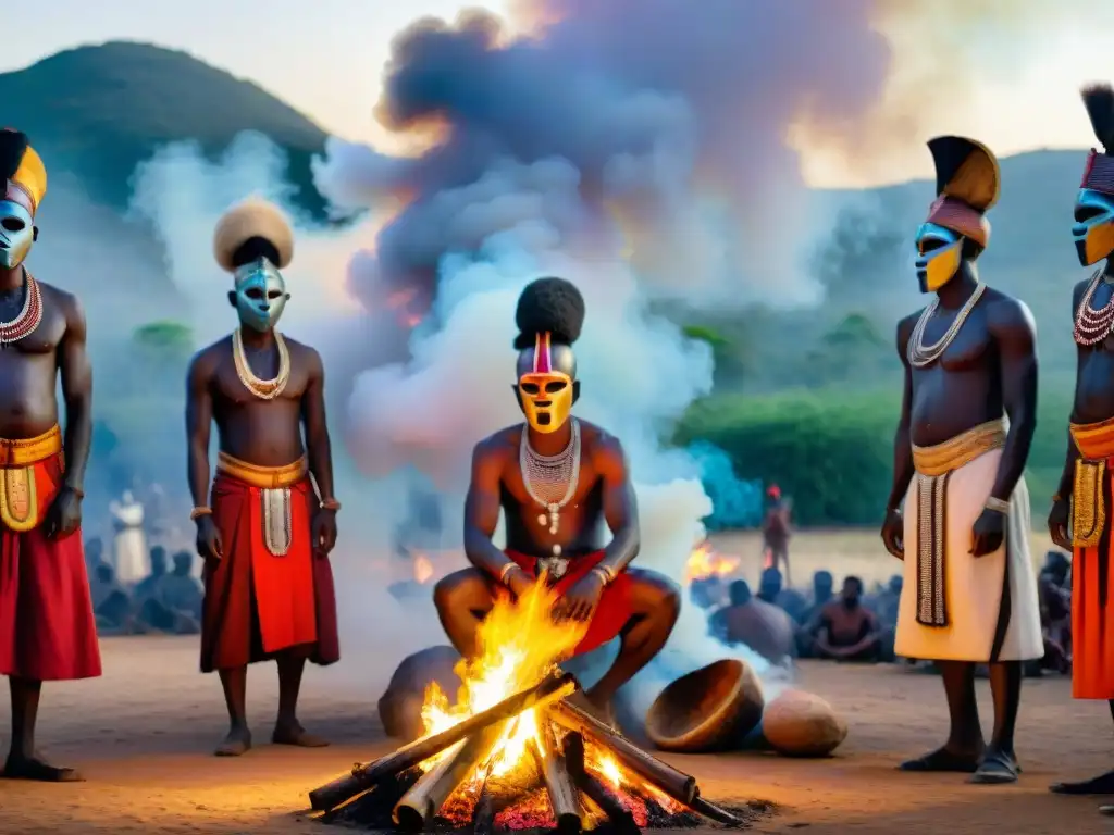 Ritual de tribus africanas en torno a fogata al atardecer, mostrando creencias animistas en África