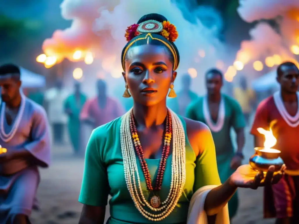 Ritual de Umbanda en Brasil: energía espiritual y colorido Un ritual vibrante de Umbanda en Brasil, con danzas y cánticos sagrados bajo el cielo nocturno