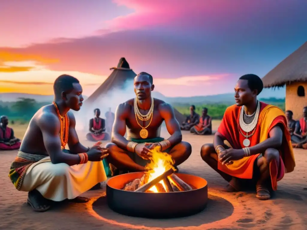 Ritual africano ancestral al atardecer Rituales africanos en la aldea al anochecer, conexión ancestros