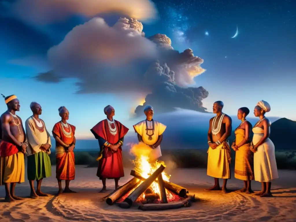Ceremonia ancestral: Danza de sabiduría bajo el cielo estrellado Rituales africanos: conexión con ancestros en ceremonia nocturna alrededor de la hoguera