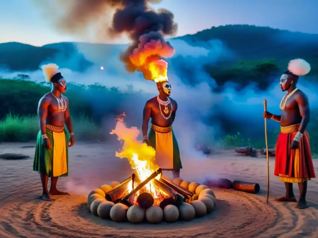 Ritual africano de danza nocturna alrededor del fuego Rituales africanos conexión ancestros: Danza ceremonial alrededor de fogata en noche estrellada