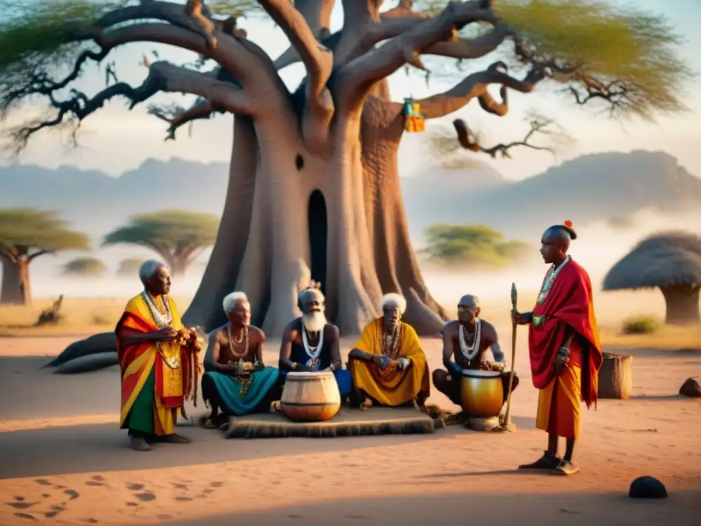 Ritual ancestral africano bajo Baobab al atardecer Rituales africanos: conexión con ancestros en ritual tribal bajo Baobab al atardecer