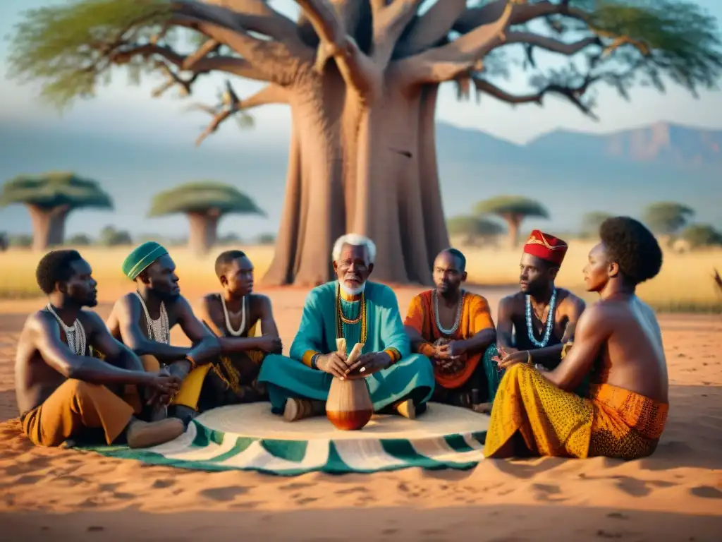 Rituales africanos: ancianos transmiten sabiduría a jóvenes bajo baobab, rodeados de textiles y instrumentos tradicionales