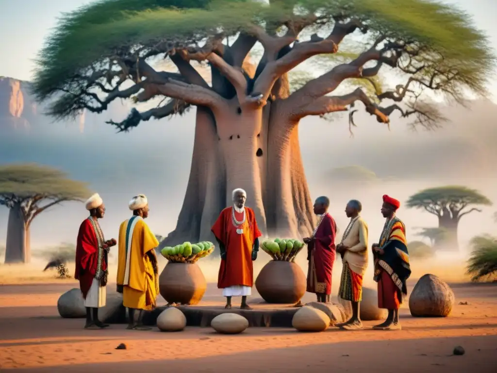 Rituales de agradecimiento en África: Grupo de ancianos africanos realiza ofrenda bajo baobab al atardecer