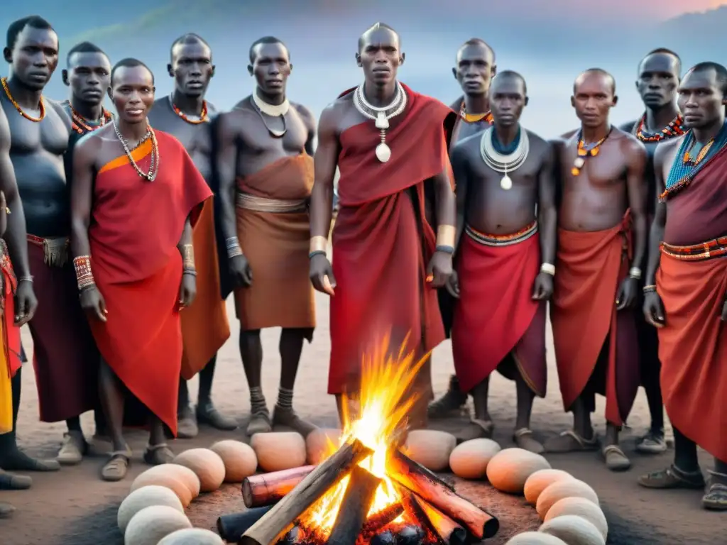 Rituales de agradecimiento en África: Tribu Maasai danzando alrededor de una fogata en la sabana estrellada