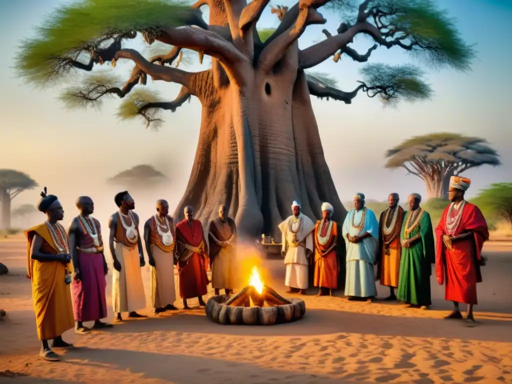 Rituales ancestrales en el Cuerno de África bajo un baobab centenario al atardecer