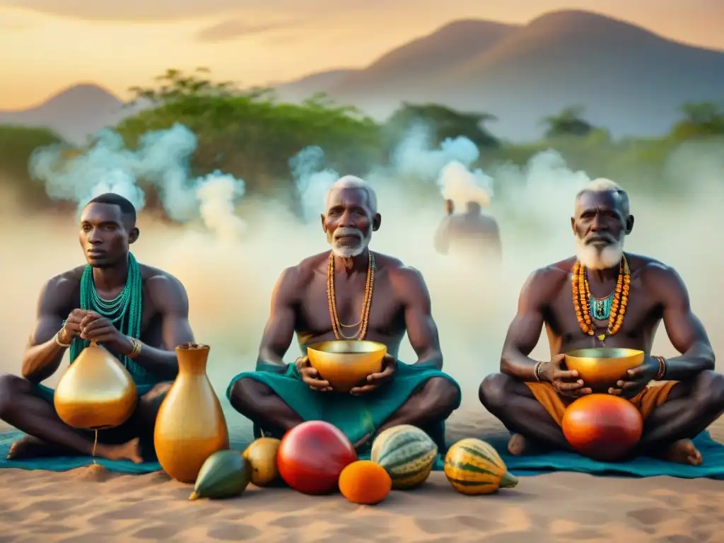 Rituales de purificación en África: Ancianos realizan ceremonia al amanecer, envueltos en humo y coloridas túnicas, bajo el sol naciente