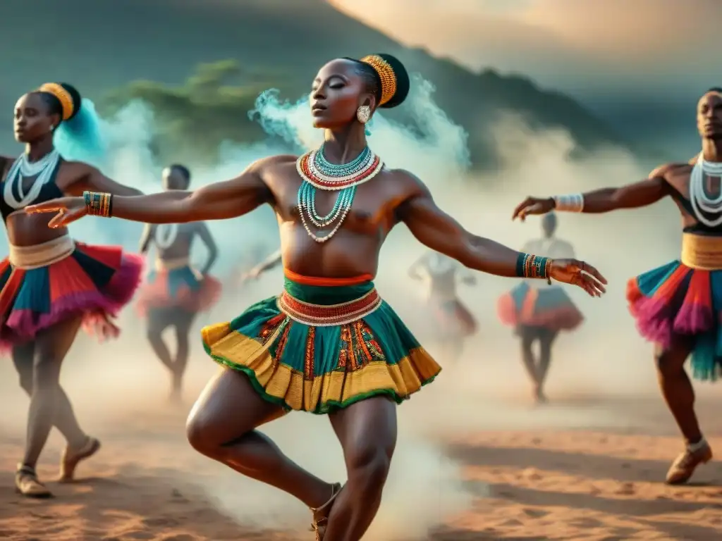 Rituales de danza en África: Jóvenes bailarines en atuendos tradicionales ejecutan un baile ritual hipnotizante bajo el cielo abierto