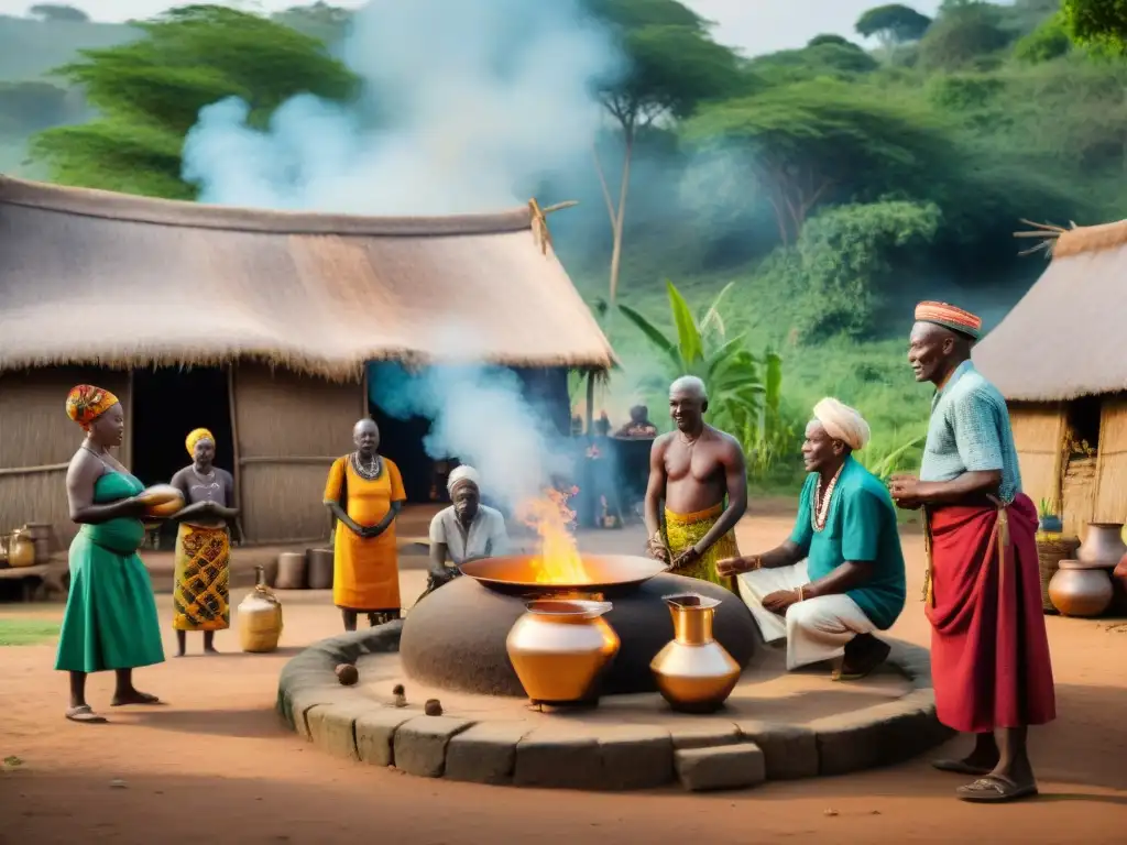 Rituales de destilación en África: Ancianos africanos supervisan ceremonia tradicional de destilación en aldea rural