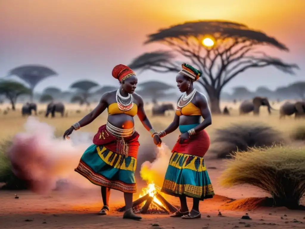 Rituales de fertilidad en África: Mujeres danzan alrededor del fuego en la savana al atardecer, ataviadas con trajes tradicionales y coloridos