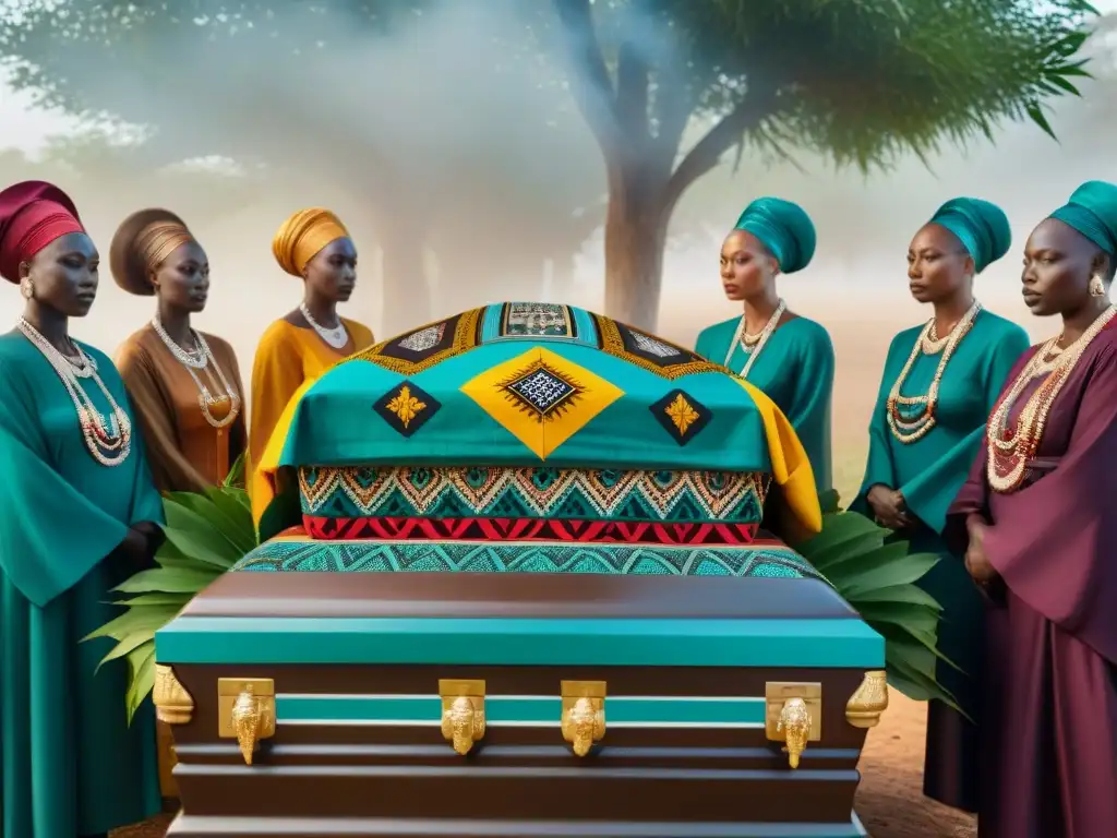 Rituales funerarios en África: Grupo en atuendos tradicionales alrededor de un ataúd decorado