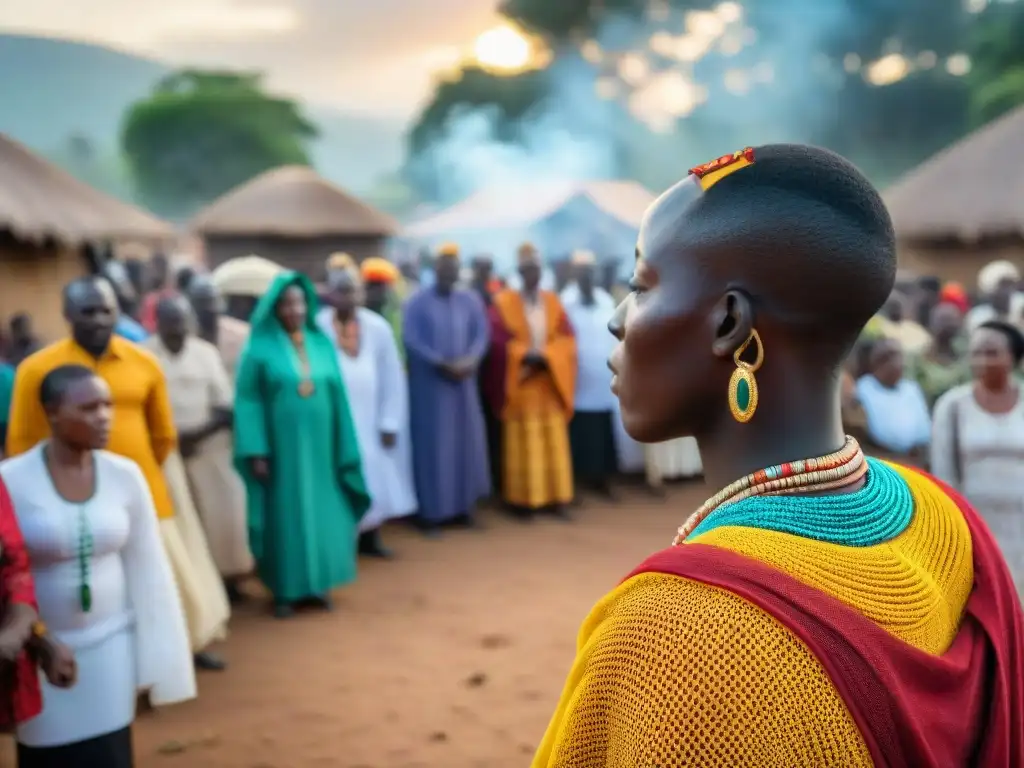 Rituales funerarios en civilizaciones africanas: Ceremonia vibrante con danzas, música y máscaras coloridas en una aldea