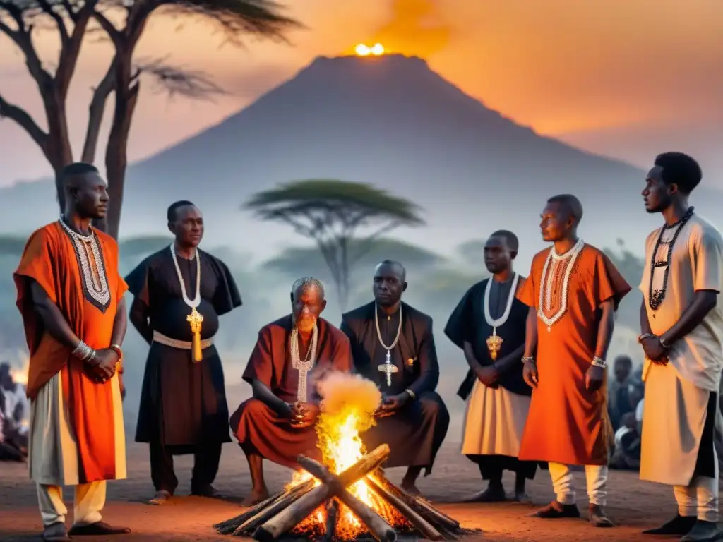 Rituales funerarios en culturas africanas: Ancianos en atuendos tradicionales realizan un ritual alrededor de una fogata al atardecer