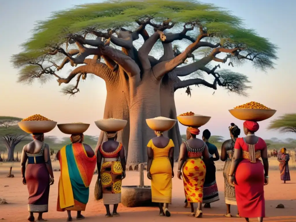 Rituales funerarios de culturas africanas tradicionales: Mujeres africanas realizan emotivo ritual bajo baobab al atardecer