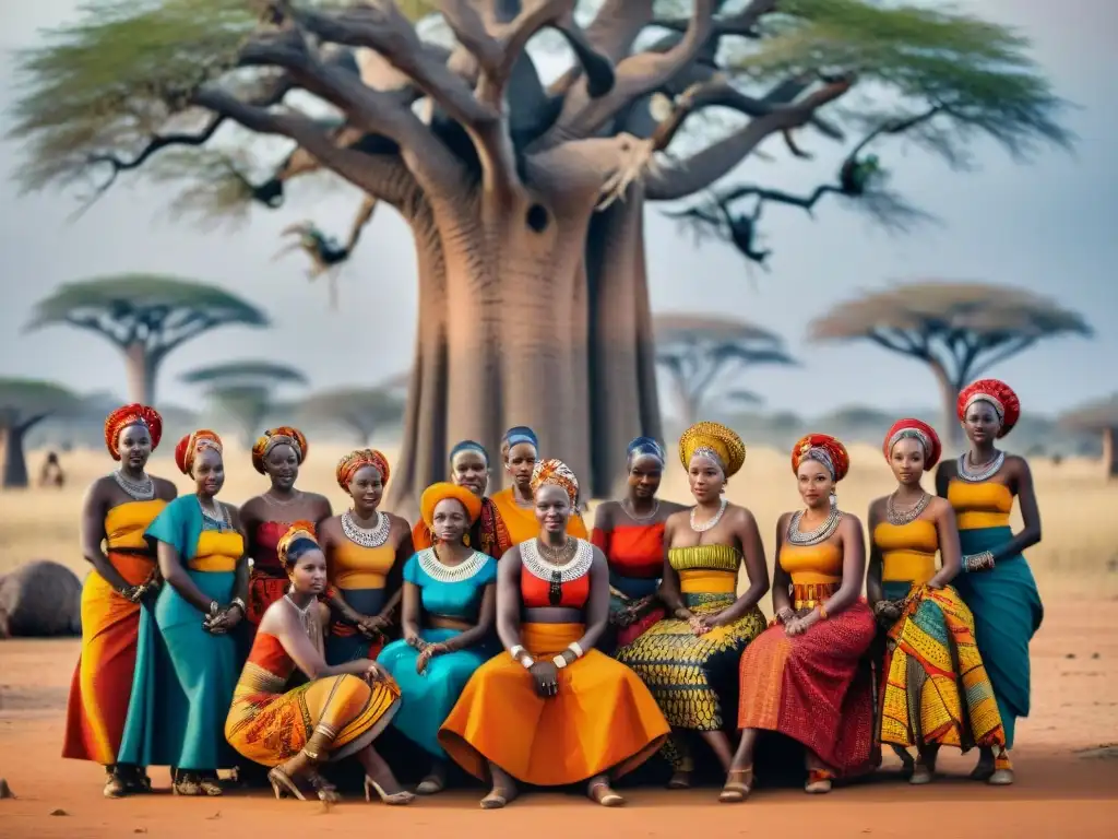 Rituales de género en África: Mujeres en vibrantes atuendos tradicionales, celebrando bajo un baobab en la sabana africana