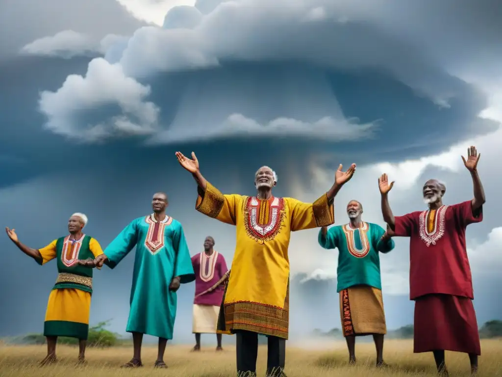 Rituales de invocación de lluvia: Ancianos africanos en círculo, atuendos coloridos, brazos al cielo, energía espiritual palpable