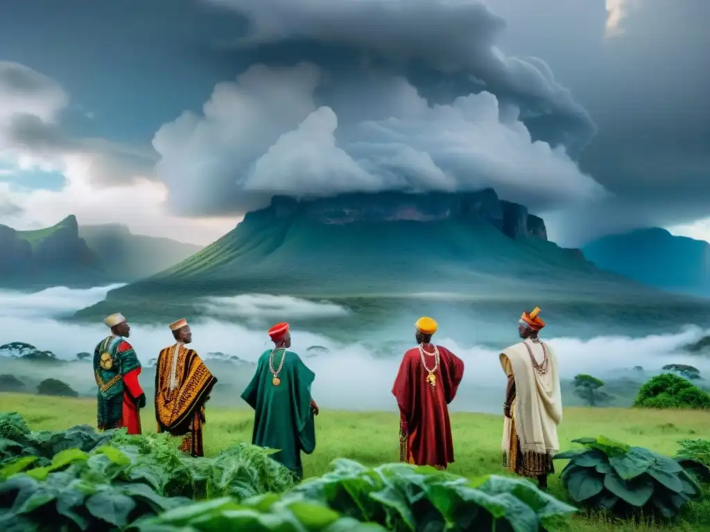 Rituales de invocación de lluvia: Ancianos africanos en ritual bajo el cielo cargado de nubes, rodeados de exuberante naturaleza