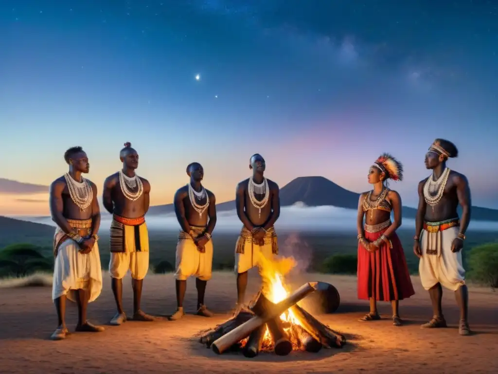 Rituales de luna nueva en África: Comunidad tribal reunida alrededor de una fogata en la noche estrellada