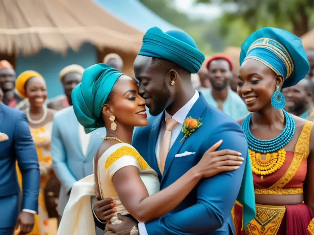 Rituales matrimonio tradicionales africanos en vibrante ceremonia de boda en aldea, atuendos coloridos y celebraciones alegres bajo cielo azul