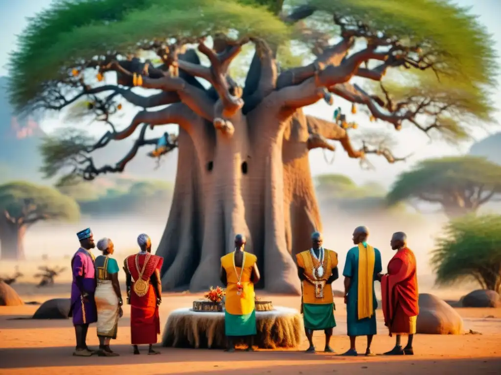 Rituales matrimonio tradicionales africanos: Ancianos celebran boda sagrada bajo baobab al atardecer