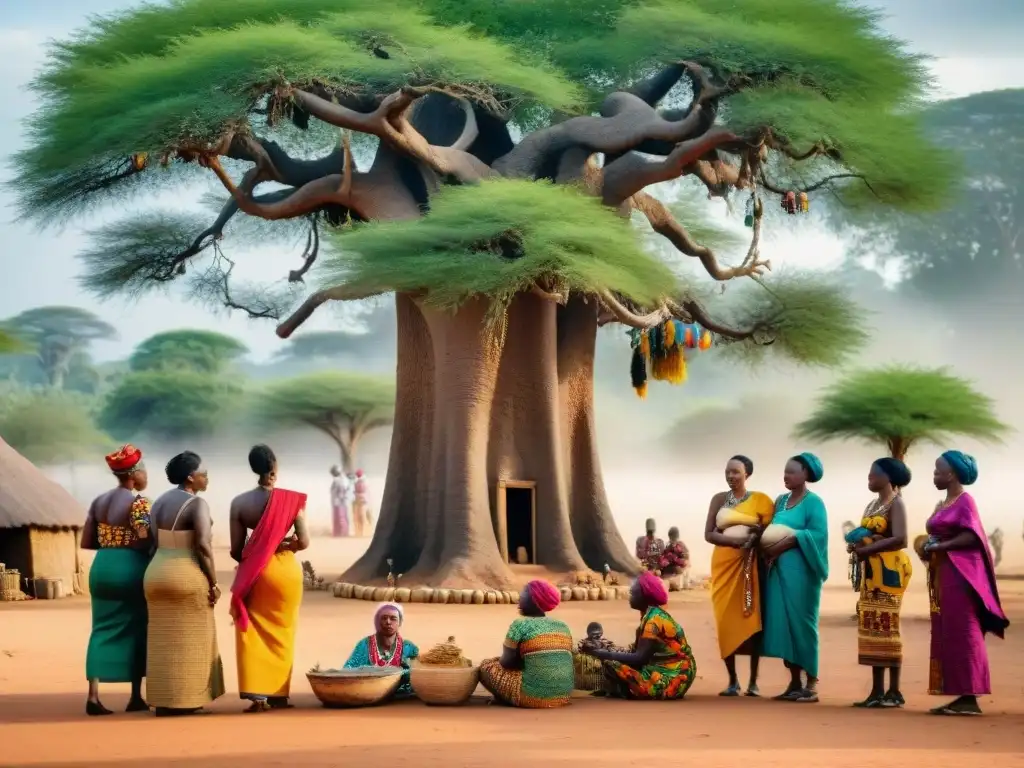 Rituales de nacimiento en África: Celebración colorida y emotiva alrededor de un recién nacido bajo un baobab