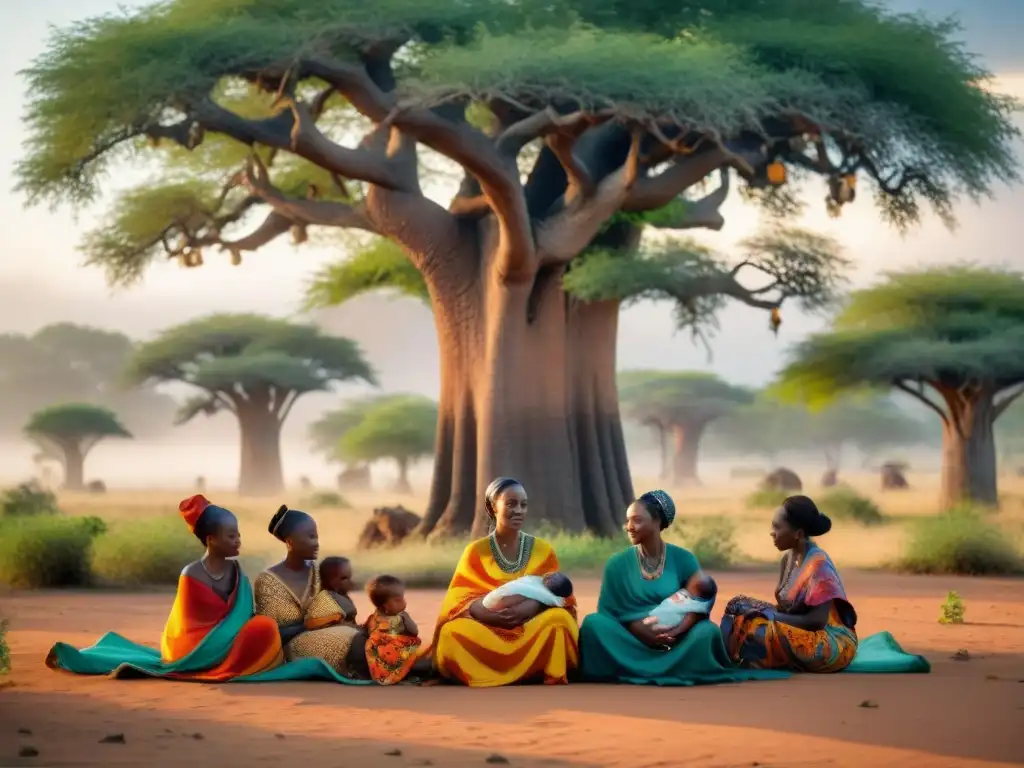 Rituales de nacimiento en África: Mujeres con bebés en telas coloridas bajo un baobab, en íntima conexión con la naturaleza