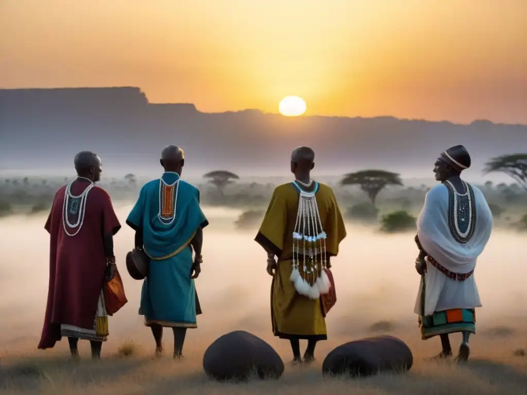 Rituales de paso salud africana: Ancianos africanos danzan al amanecer en la sabana dorada