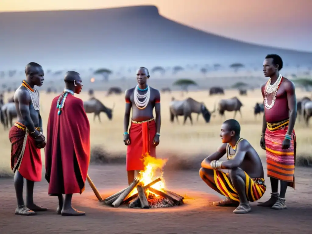 Rituales de paso en tribus africanas: Jóvenes guerreros Maasai danzan alrededor de una fogata bajo el cielo estrellado