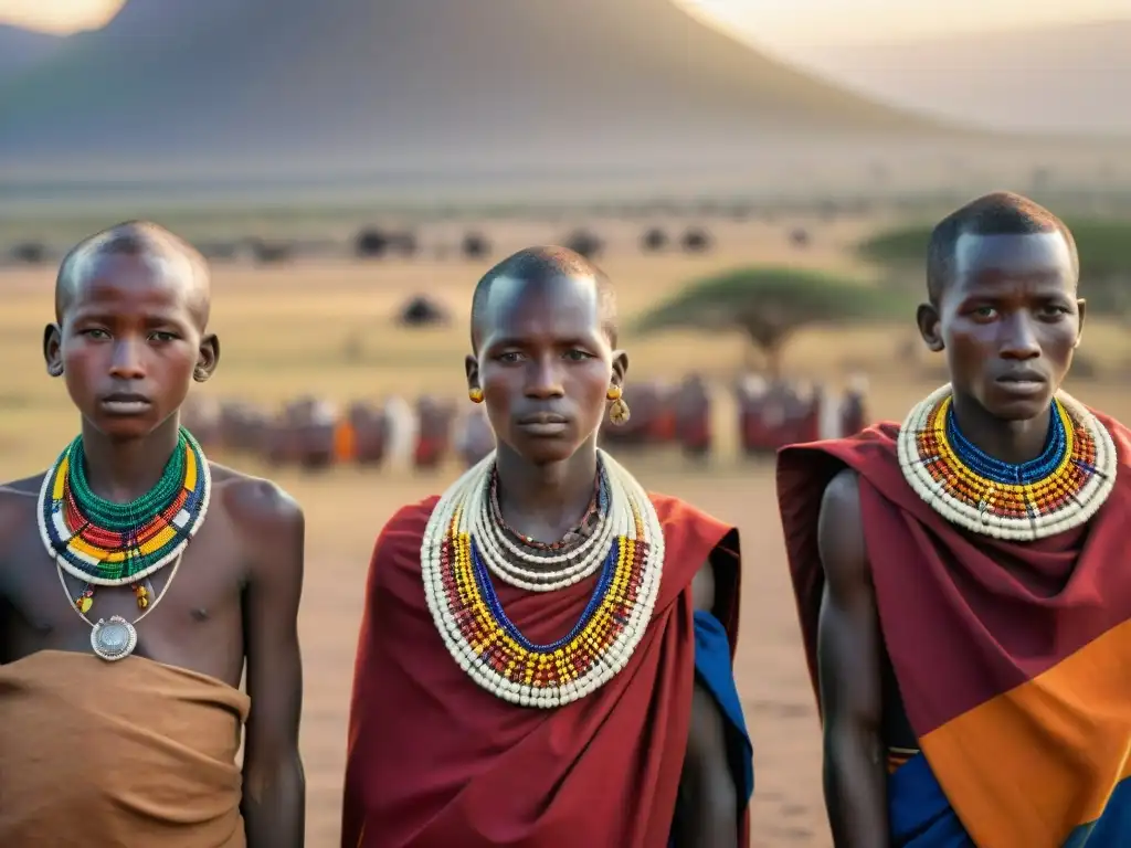 Rituales de paso en tribus africanas: Jóvenes maasai en ceremonia al atardecer en la sabana