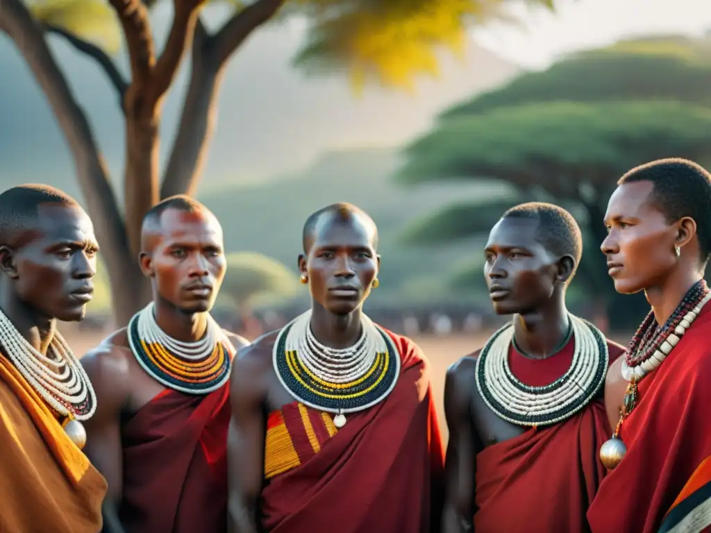 Rituales de paso en tribus africanas: Jóvenes maasai con joyería y túnicas rojas bajo un acacia, observados por ancianos