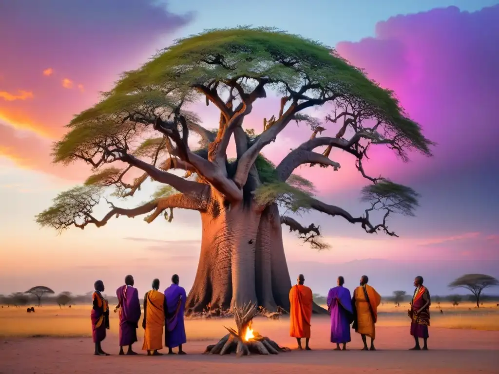 Rituales sagrados de ancianos bajo baobab en la sabana africana, conectando con deidades ancestrales en el Cuerno