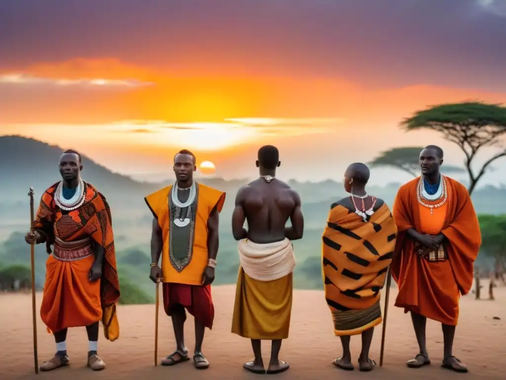 Rituales sagrados al atardecer en aldea africana con gemelos en atuendos ceremoniales vibrantes, conexión divina