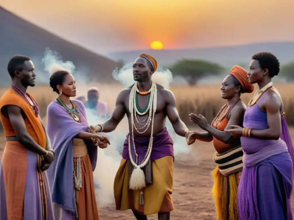 Rituales de curación en África: Sanadores tradicionales en un ritual al atardecer, rodeados de comunidad y colores místicos