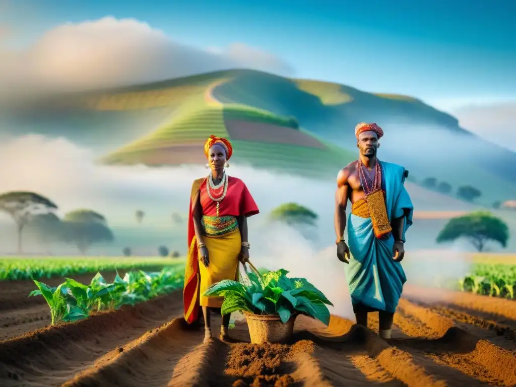 Rituales de siembra en África: Agricultores africanos danzando al sembrar semillas en un vasto campo soleado, vestidos con atuendos coloridos