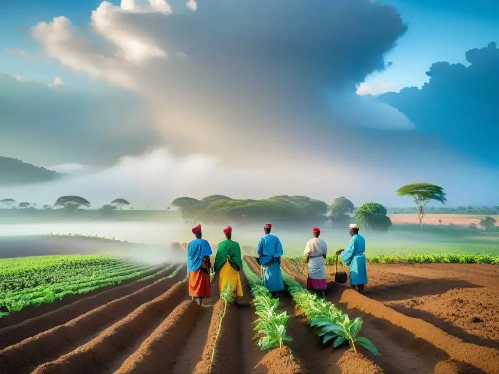 Rituales de siembra en África: Agricultores africanos plantando semillas con reverencia en un campo soleado y exuberante