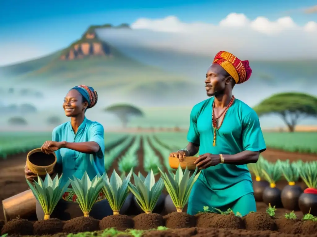 Rituales de siembra en África: Granjeros africanos danzando y cantando en un ritual de siembra tradicional entre campos verdes y cielo azul brillante