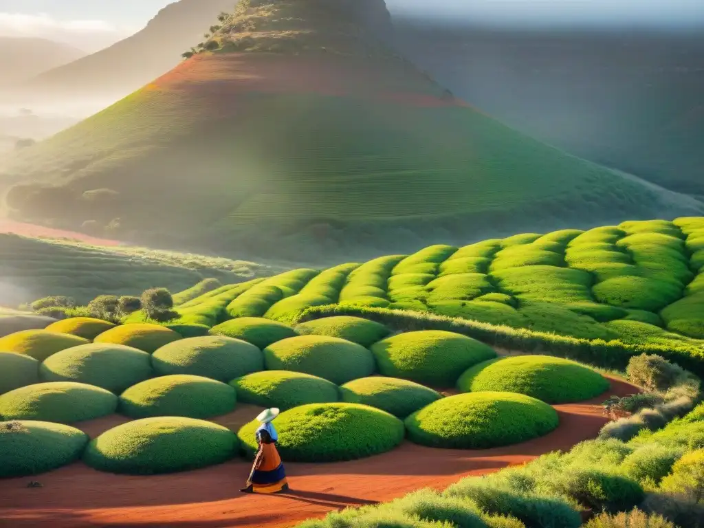 Plantación de rooibos en Sudáfrica al atardecer, con cosecha tradicional y vasto paisaje africano