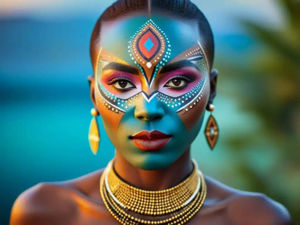 Rostro con detallado maquillaje africano tradicional, resaltando la belleza artística y cultural de los Orígenes cosméticos civilizaciones africanas