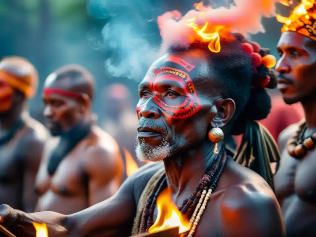 Rostros tribales iluminados por el fuego en ceremonia africana al anochecer