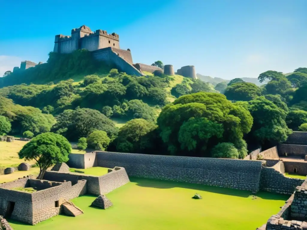 Ruinas ancestrales de Great Zimbabwe con muros de piedra detallados entre vegetación exuberante y cielo azul