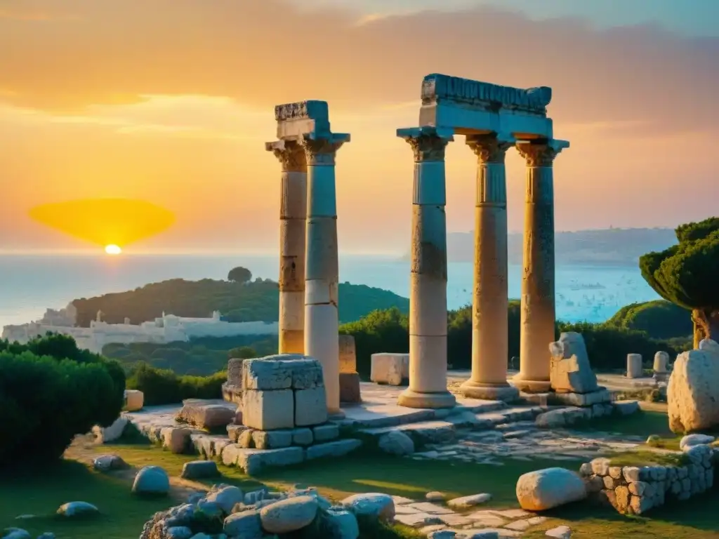 Ruinas antiguas en Cartago se yerguen ante un atardecer mediterráneo, destacando el legado de Cartago en Roma