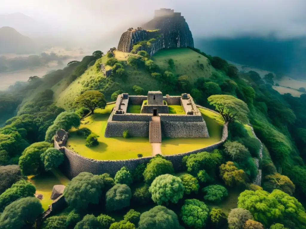 Ruinas antiguas de Great Zimbabwe bañadas por el sol africano, rodeadas de exuberante vegetación