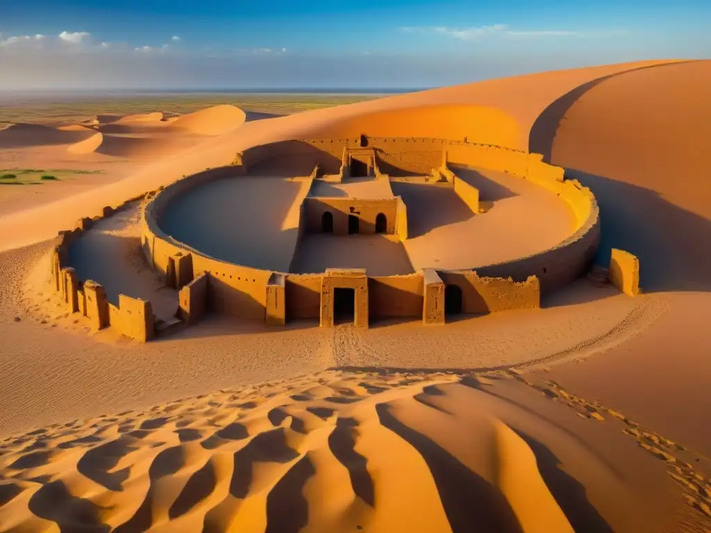 Ruinas antiguas de Chinguetti en Mauritania, historia civilizaciones africanas Mauritania, desierto del Sahara al fondo