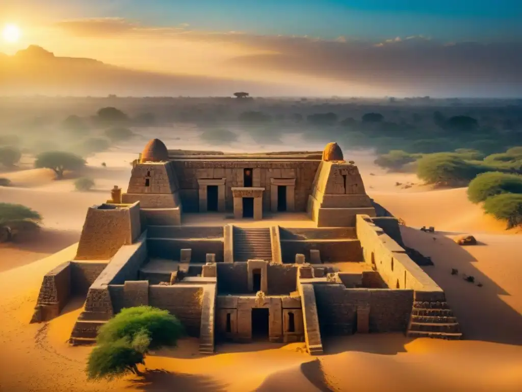 Ruinas antiguas en el desierto de Senegal, con intrincadas tallas en piedra y el sol poniéndose, evocando el misterioso Reino de Takrur en Senegal