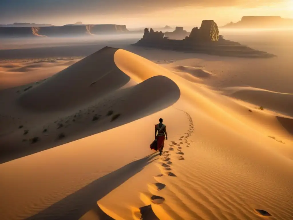 Ruinas antiguas parcialmente enterradas en la arena del desierto de África, iluminadas por el sol dorado, evocando las ciudades de oro en África