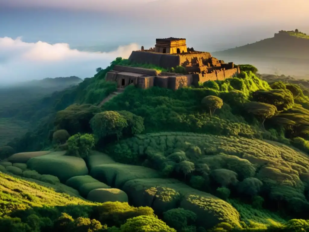 Ruinas antiguas en el exuberante paisaje etíope, revelando la arquitectura detallada de un imperio olvidado en el Cuerno de África