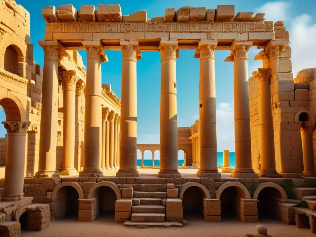 Ruinas antiguas de Leptis Magna en Libia, con columnas esculpidas, arcos y juego de luces y sombras