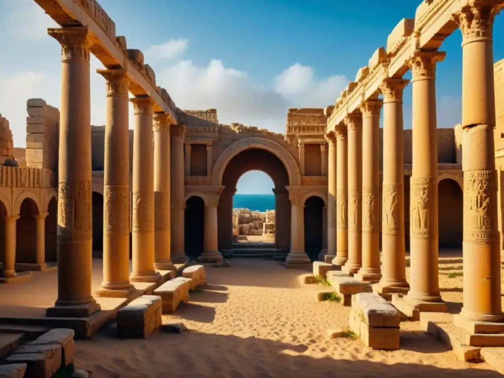 Ruinas antiguas de Leptis Magna en Libia: majestuosas columnas de piedra, arcos y la vastedad de la ciudad perdida al horizonte