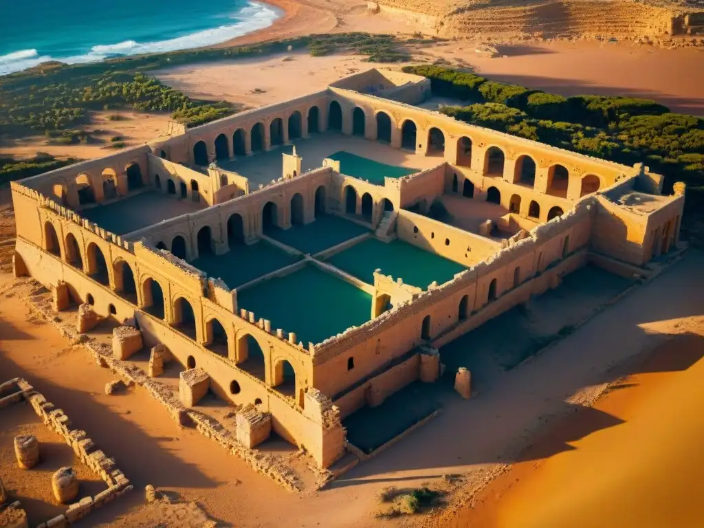 Ruinas de Leptis Magna: esplendor romano en el desierto libio Ruinas antiguas de Leptis Magna en Libia, arquitectura romana contra desierto