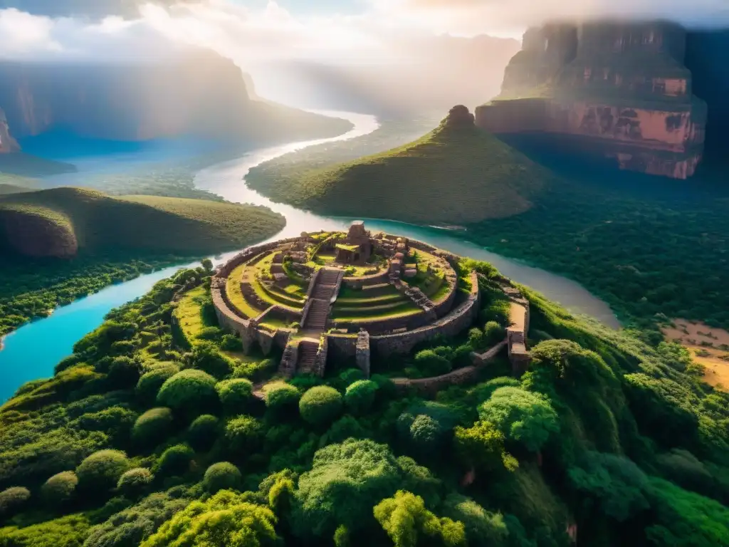 Ruinas antiguas entre montañas del Cuerno de África, con estructuras de piedra y grabados, rodeadas de vegetación exuberante y un río azul